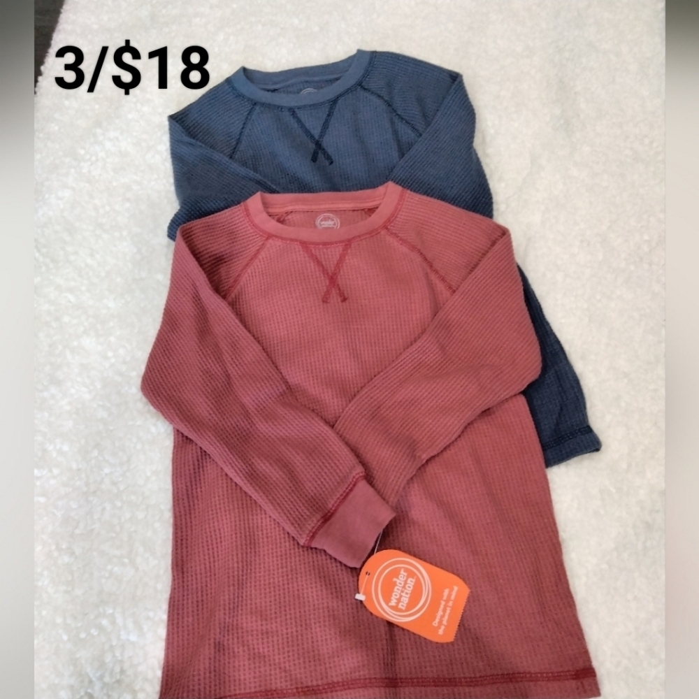 Set of 2 boys long sleeve soft waffle knit henley tops red blue Size XS 4-5 NWT